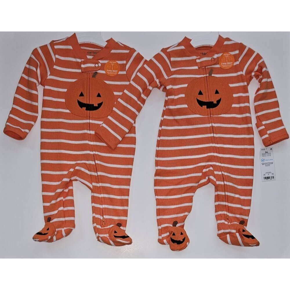 NWT 2 Halloween Footie Pajamas Lot 3 Months Waffle Knit Jack-O-Lantern Carter's